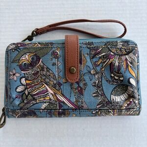 Sakroots Artist Circle Spirit Desert Owl Floral Wristlet Wallet Blue Canvas